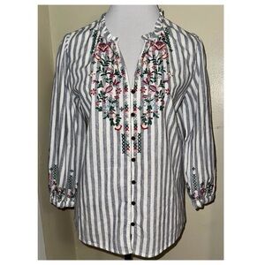 NWT, Striped Embroidered Button Up Boho Prairie Peasant Top, Sz S